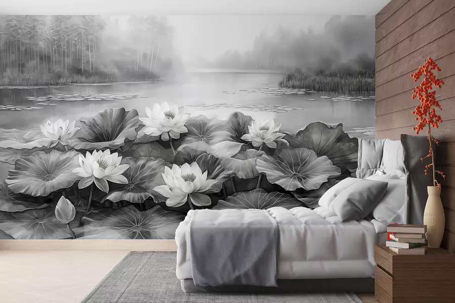 murais de parede Nenúfares, lago florestal, desenho acrílico, natureza, cores cinza w07957v1