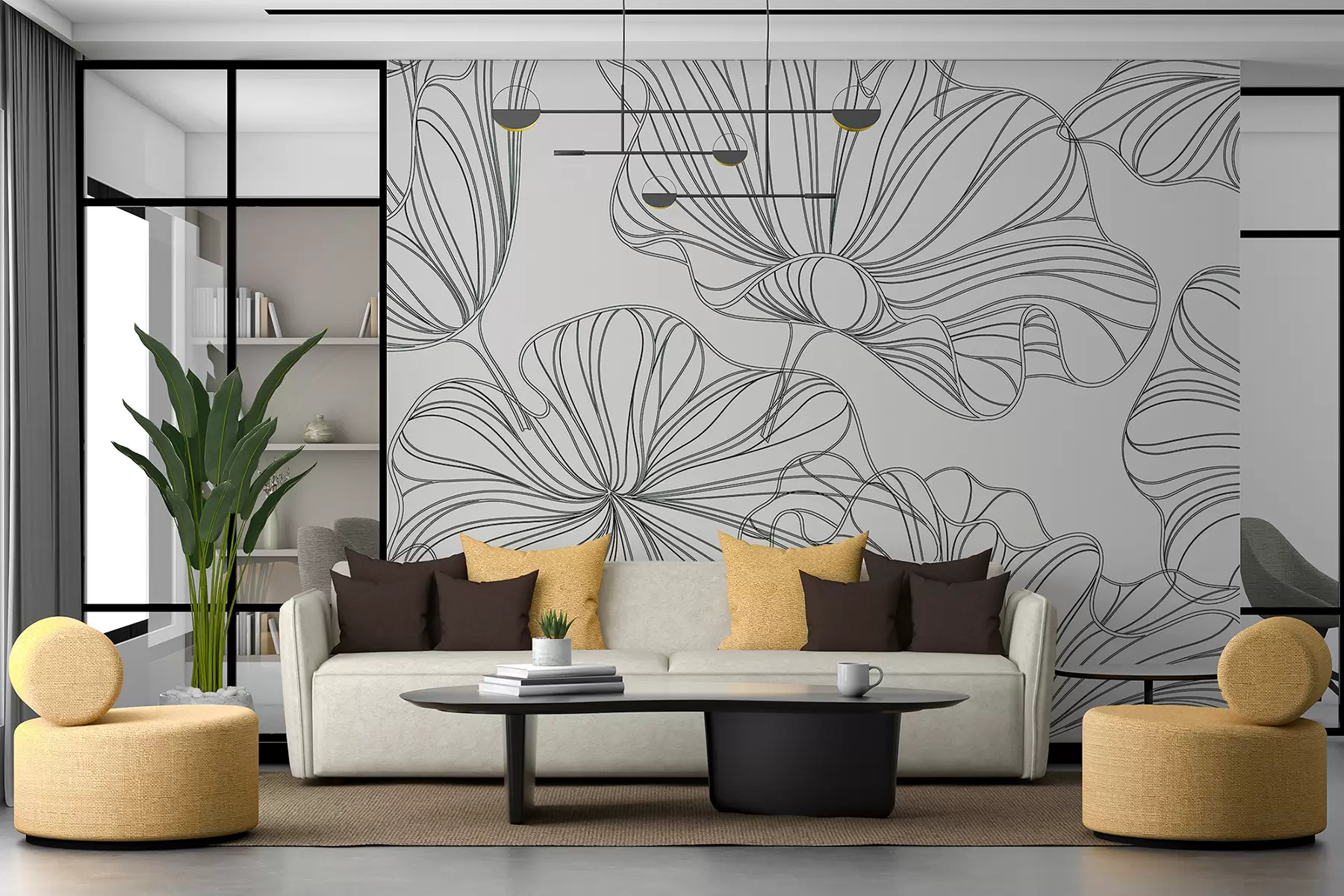 murais de parede Grandes flores lineares, fundo bege claro w07997v1