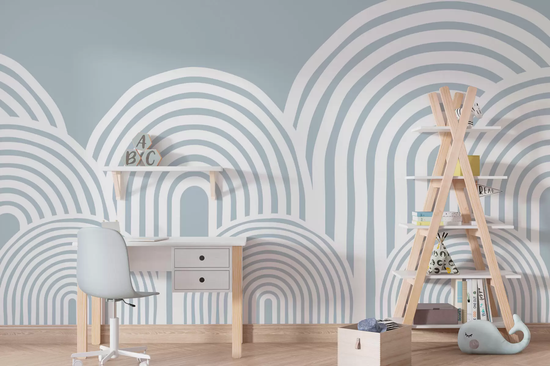 murais de parede Arcos ondulados estilo escandinavo minimalismo cor azul w08037