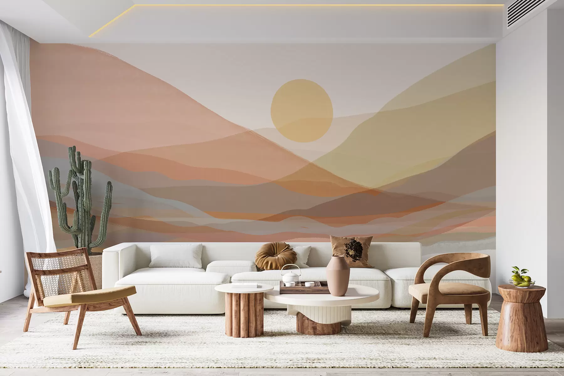 murais de parede Paisagem montanhosa com sol quente no céu, colinas em tons de laranja, amarelo e marrom w07976