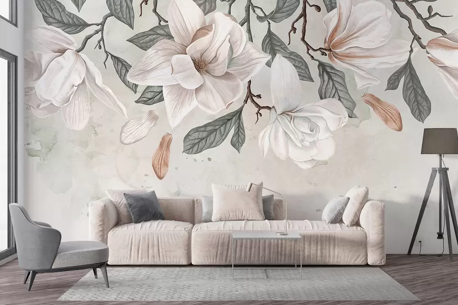 murais de parede Delicadas flores de magnólia rosa e branca com folhas verdes sobre um fundo claro, uma composição floral suave w07977