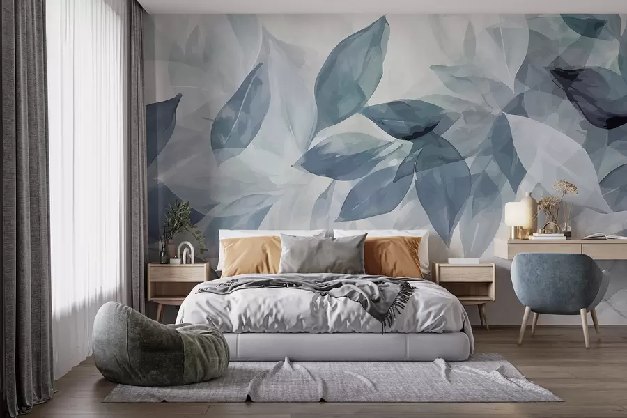 murais de parede Folhas suaves de aquarela cinza e branca com fundo desfocado e etéreo w07981