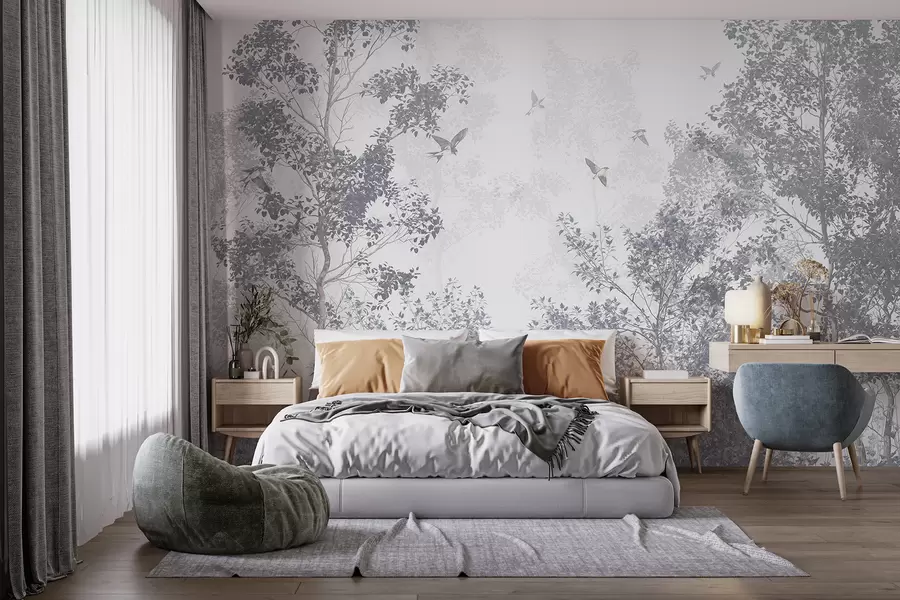 murais de parede Árvores com folhas e ramos cinzentos com pássaros a voar no céu, fundo branco w07982v1