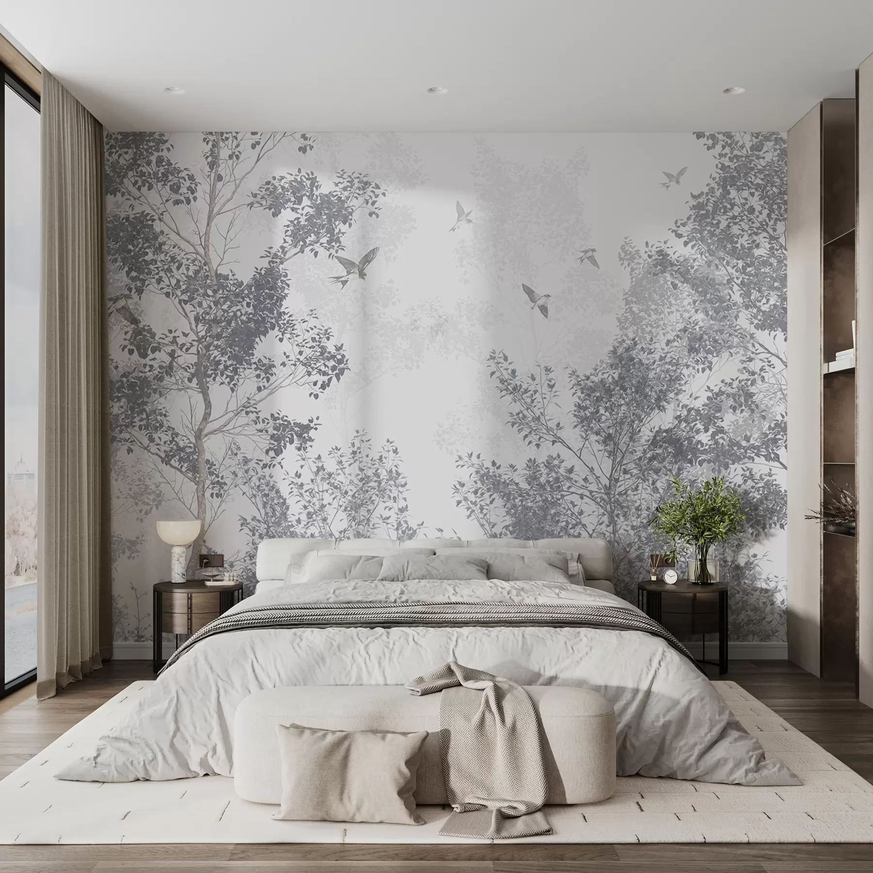 murais de parede Árvores com folhas e ramos cinzentos com pássaros a voar no céu, fundo branco w07982v1