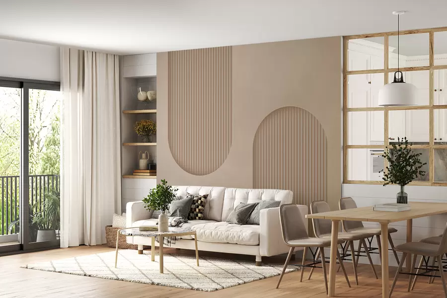 murais de parede Papel de parede texturizado Art Déco em tons quentes de bege. Imitação de arcos volumétricos    w08048