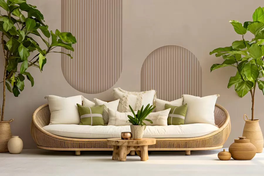 murais de parede Papel de parede texturizado Art Déco em tons quentes de bege. Imitação de arcos volumétricos    w08048