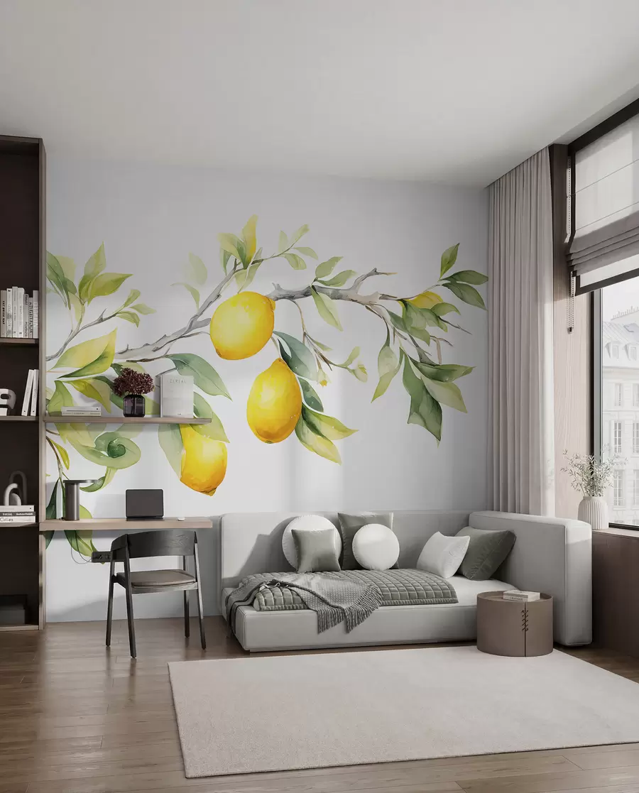 murais de parede Ramo aquarela com folhas e frutas de limão w08096