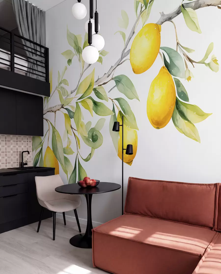 murais de parede Ramo aquarela com folhas e frutas de limão w08096