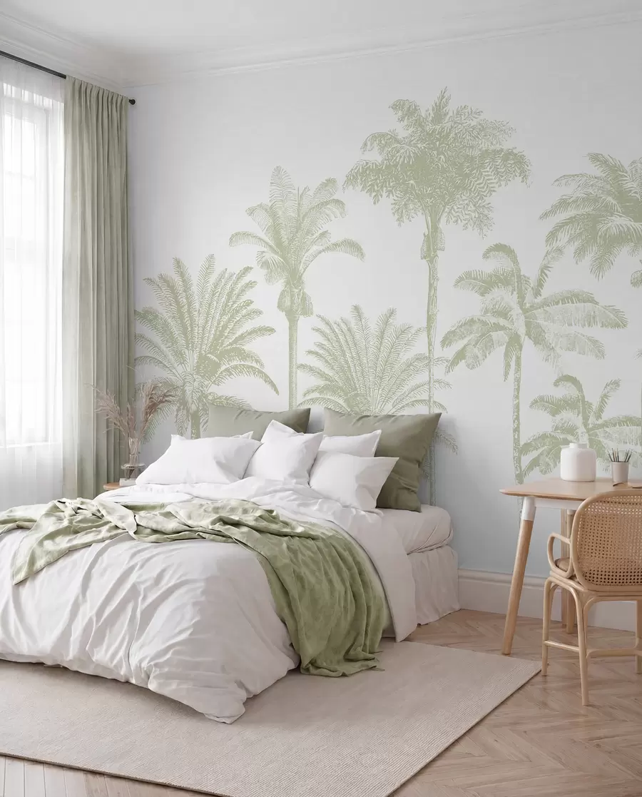 murais de parede Oásis de palmeiras tropicais cor verde mínima w08111v3