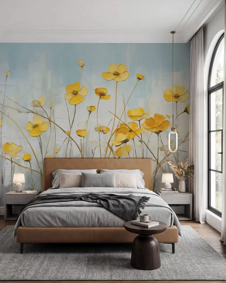 murais de parede Pequenas flores amarelas na pintura a óleo azul w08129