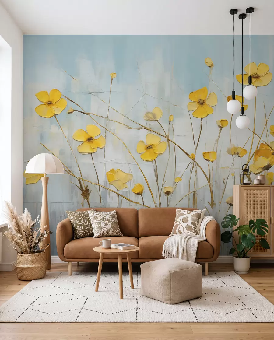 murais de parede Pequenas flores amarelas na pintura a óleo azul w08129