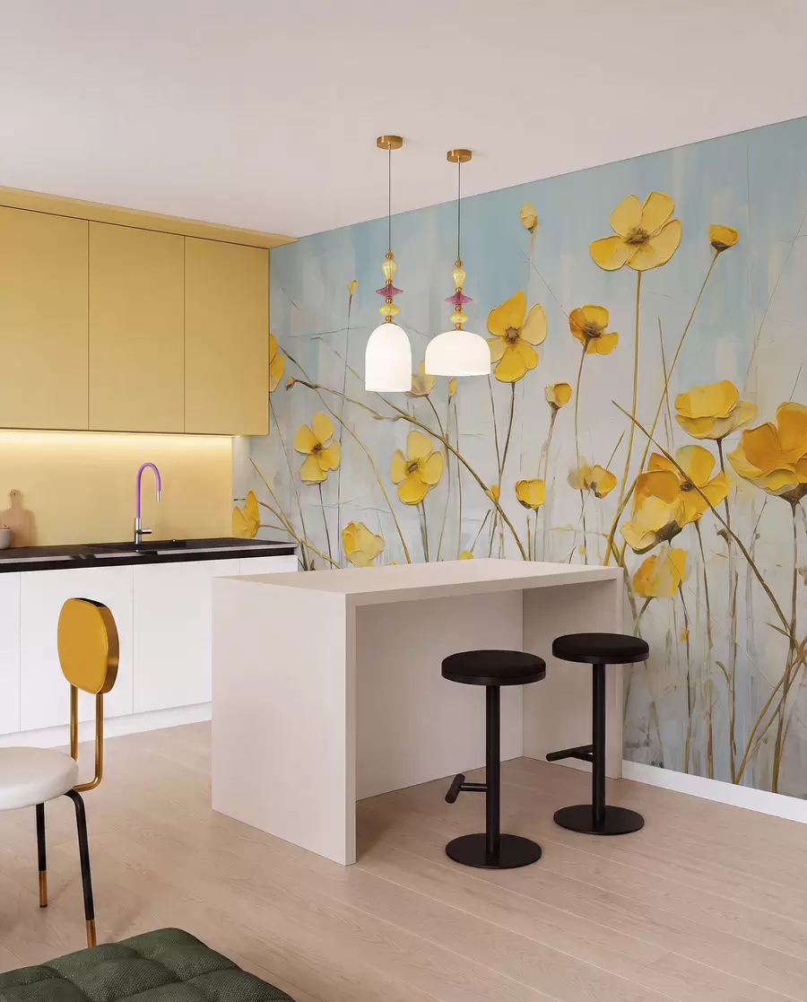 murais de parede Pequenas flores amarelas na pintura a óleo azul w08129