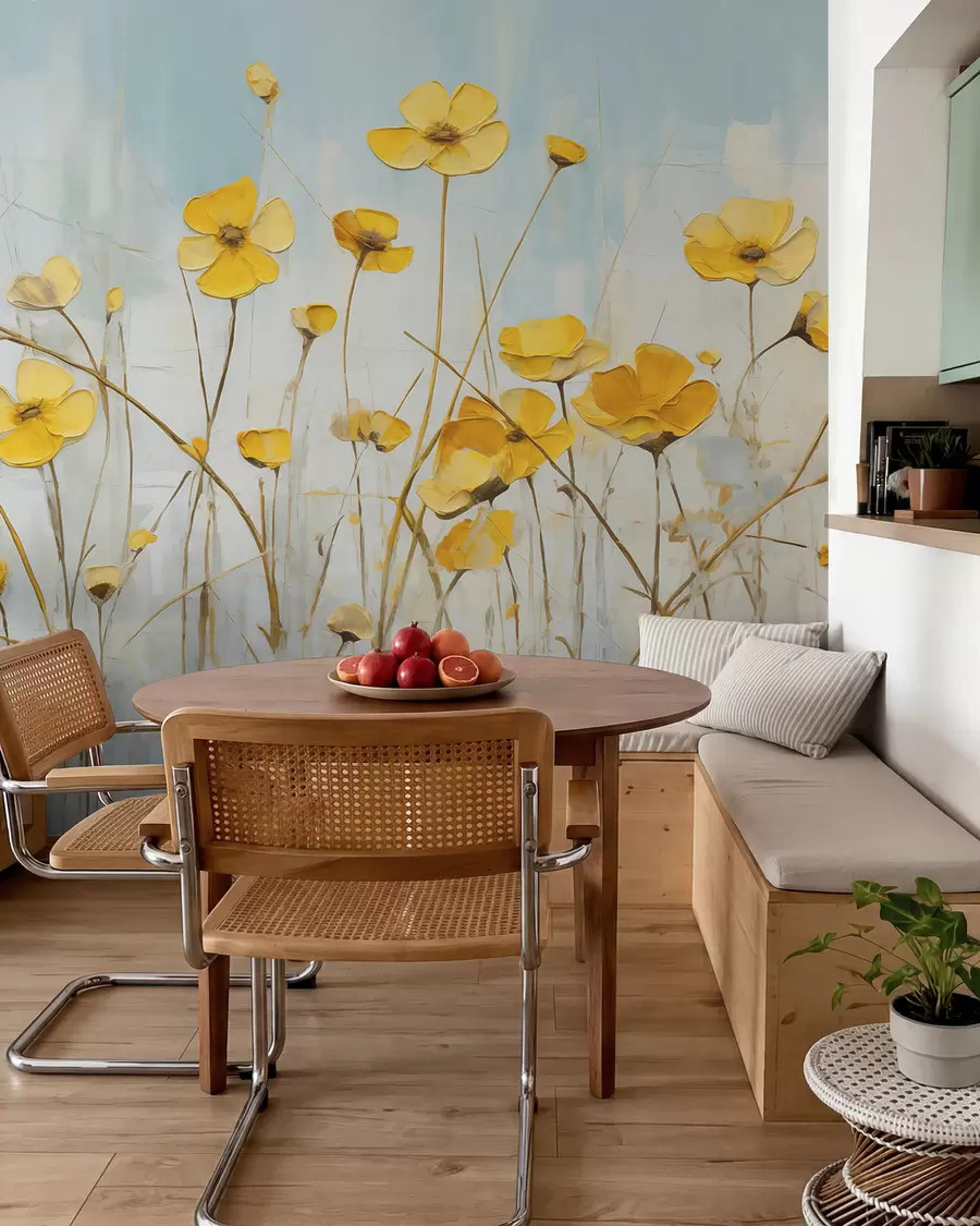 murais de parede Pequenas flores amarelas na pintura a óleo azul w08129