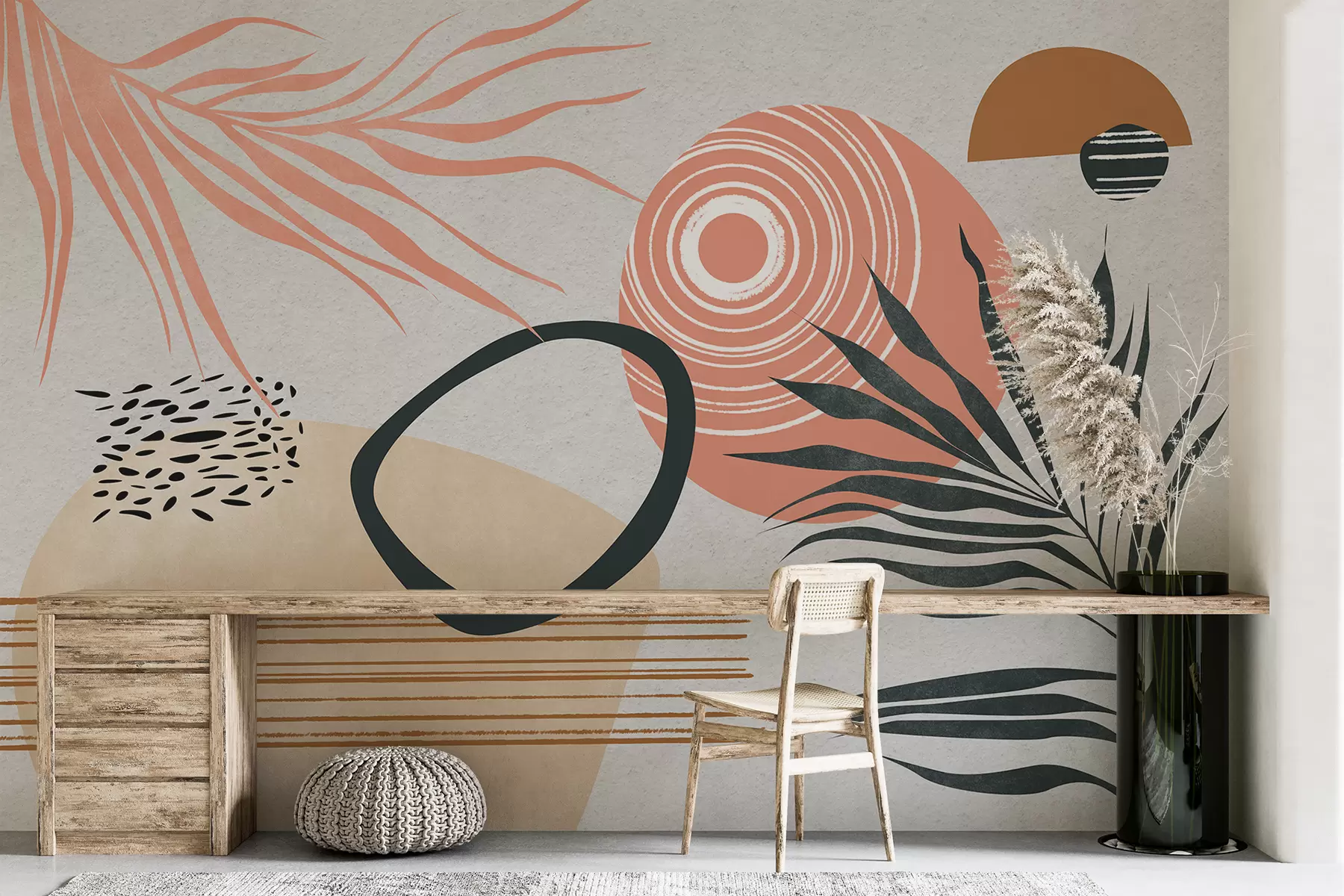 murais de parede Abstração geométrica com ramos de palmeira, estilo boho, mancha, rosa, azul, cinza, textura de parede w08133