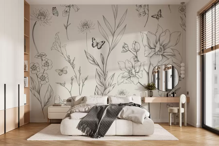 murais de parede Flores e borboletas monocromáticas Boho w08088