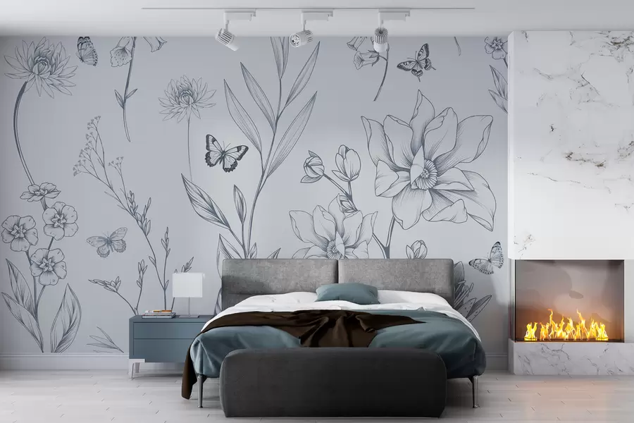 murais de parede Flores e borboletas monocromáticas Boho em azul w08088v2
