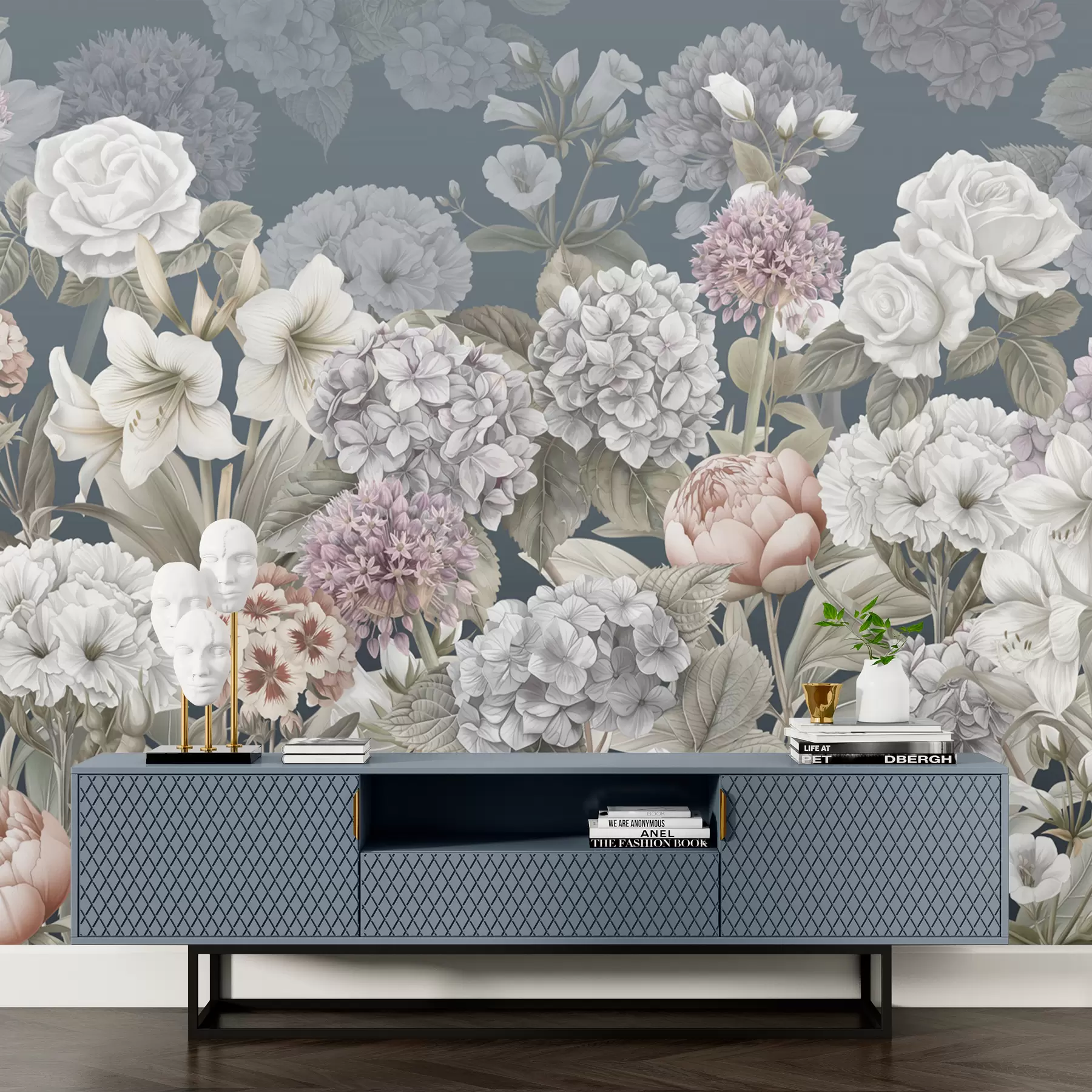 murais de parede Jardim de verão mágico em um fundo azul w08140v1