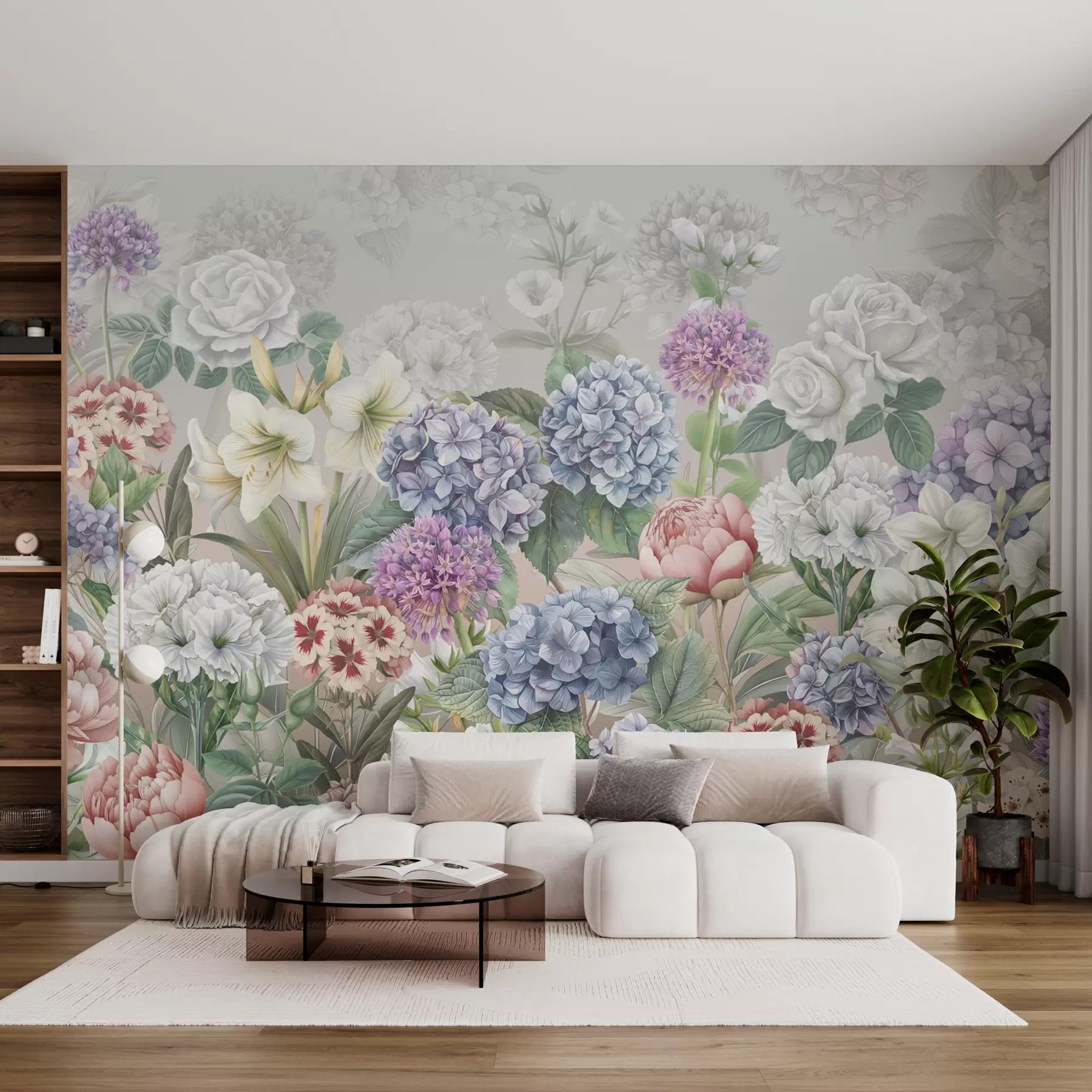 murais de parede Jardim de verão mágico com flores em tons pastel w08140v3