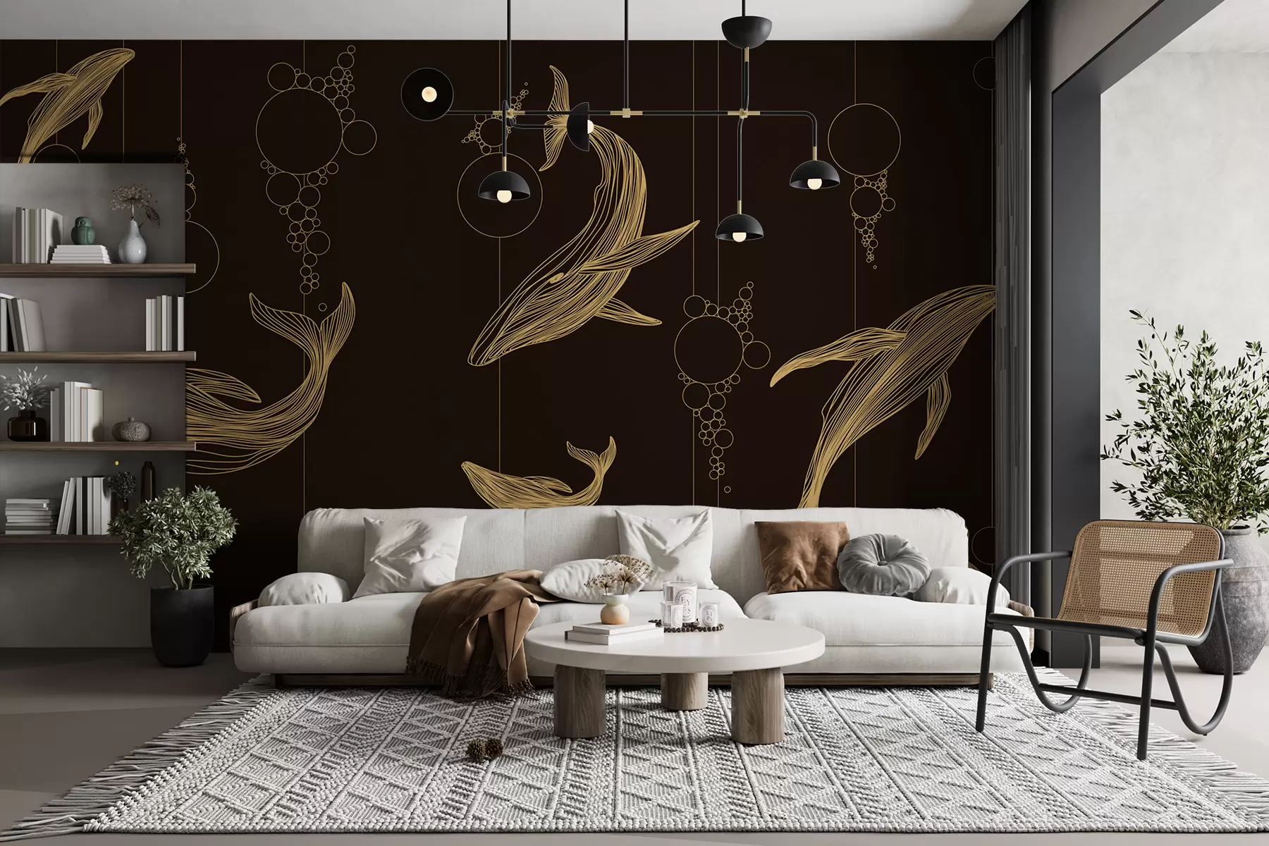 murais de parede Baleias e abstração em fundo marrom w08074v2