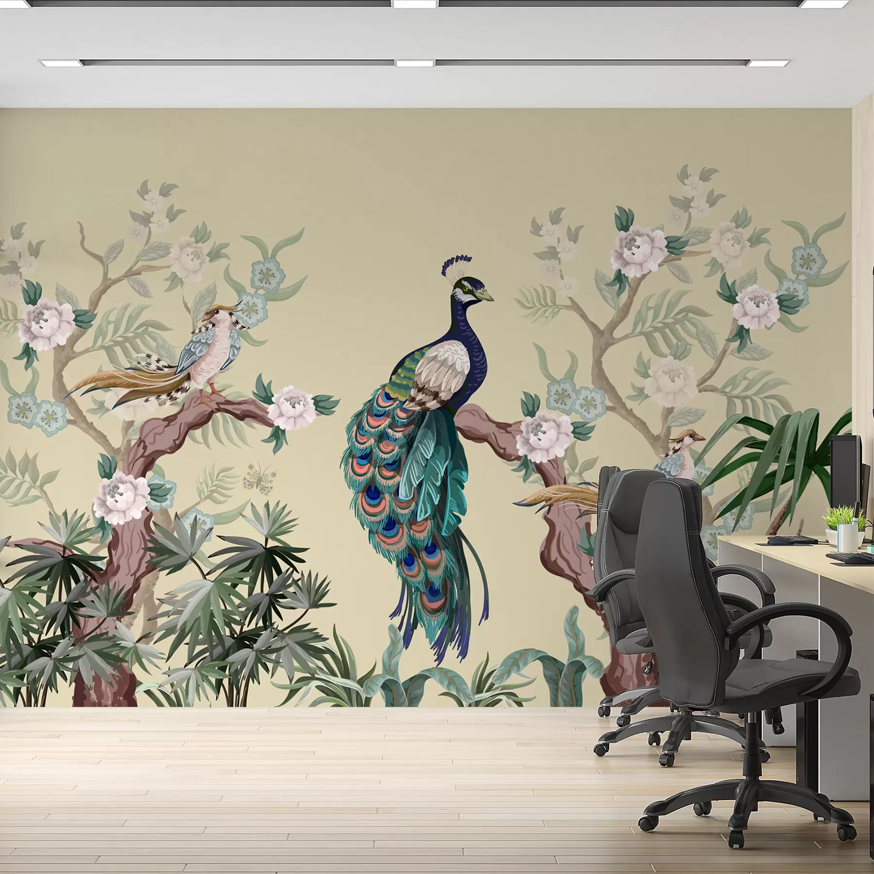 murais de parede pavão em uma árvore, fundo bege w08168