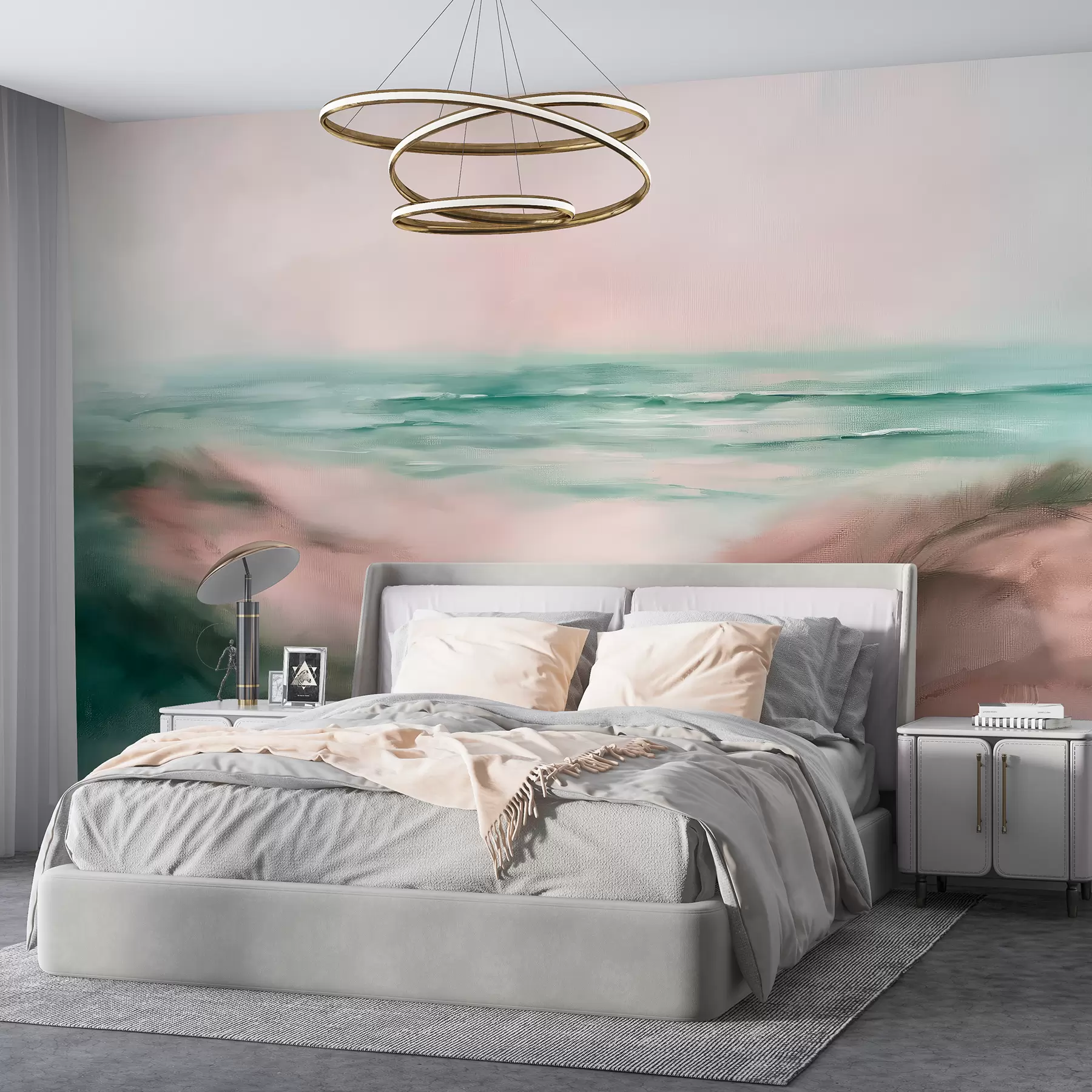 murais de parede Paisagem abstrata em cores pastel, praia, mar, água-marinha e paleta de cores rosa, pinceladas w08141v2
