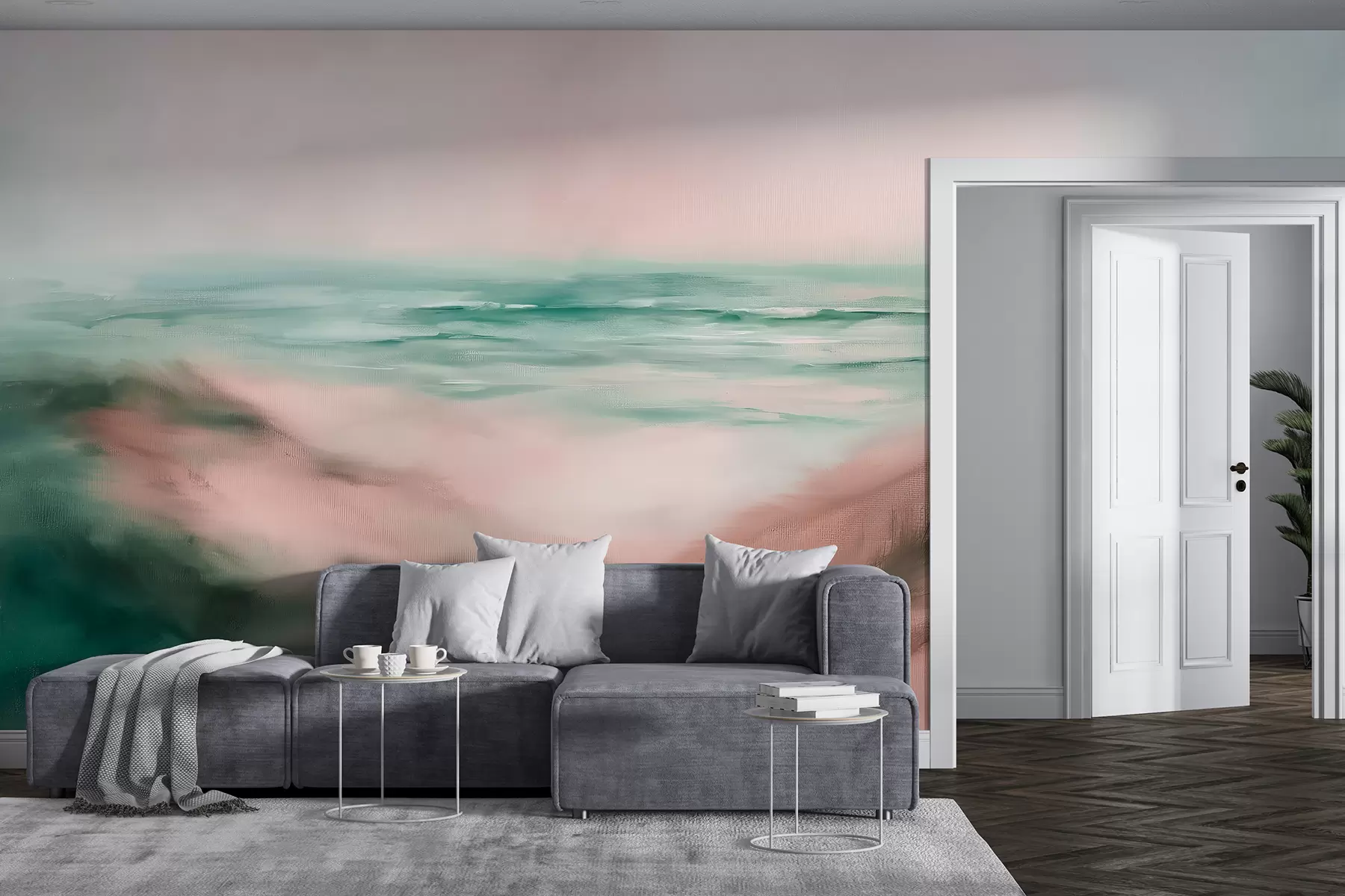 murais de parede Paisagem abstrata em cores pastel, praia, mar, água-marinha e paleta de cores rosa, pinceladas w08141v2