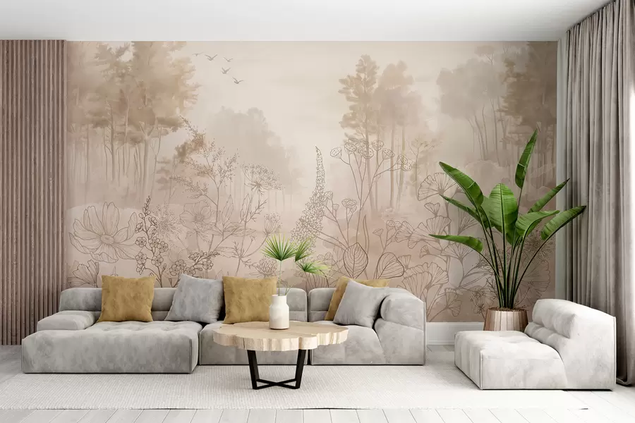 murais de parede Paisagem florestal com flores silvestres, arte de linha, realismo, árvores, natureza, paleta de cores bege w08142