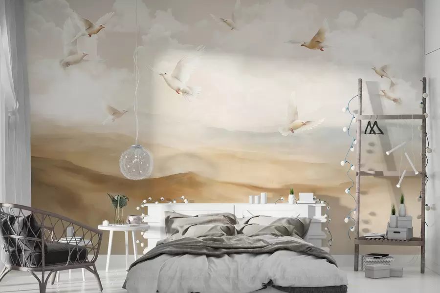 murais de parede Pássaros voando no céu com nuvens, paisagem natural, desenho acrílico, cores bege pastel w08143