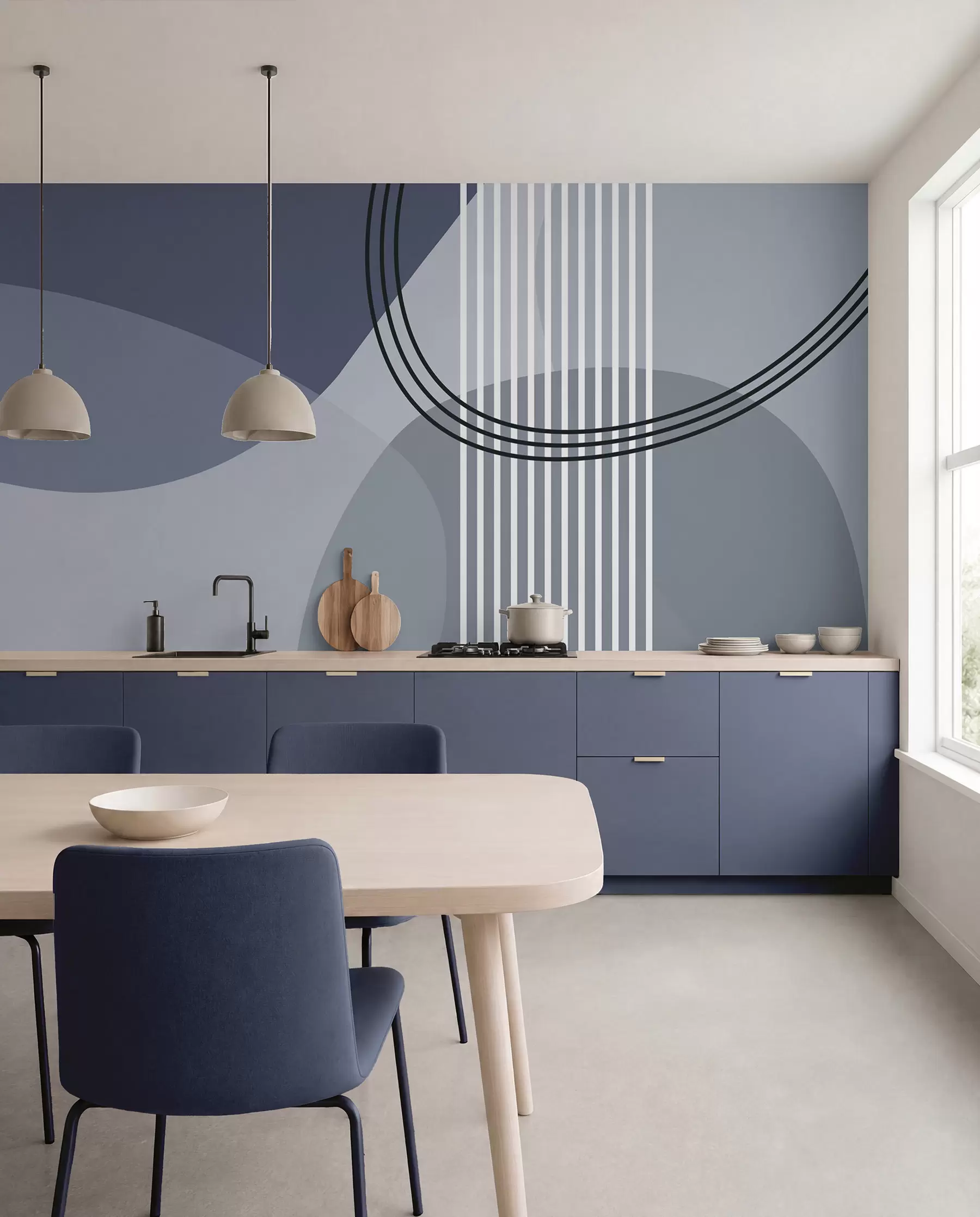 murais de parede Linha de abstração geométrica e círculo minimalismo estilo moderno cor azul w08173v2