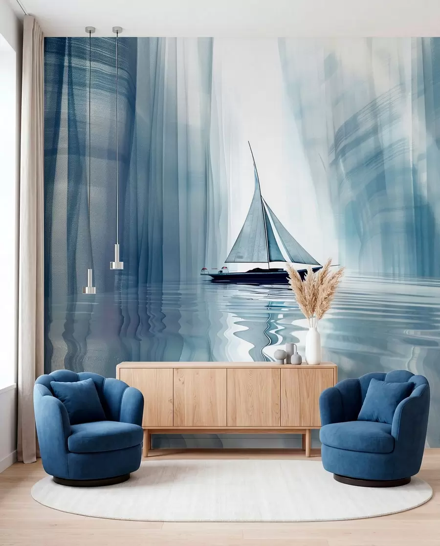 murais de parede Barco na água em estilo futurista com cores azuis w01338