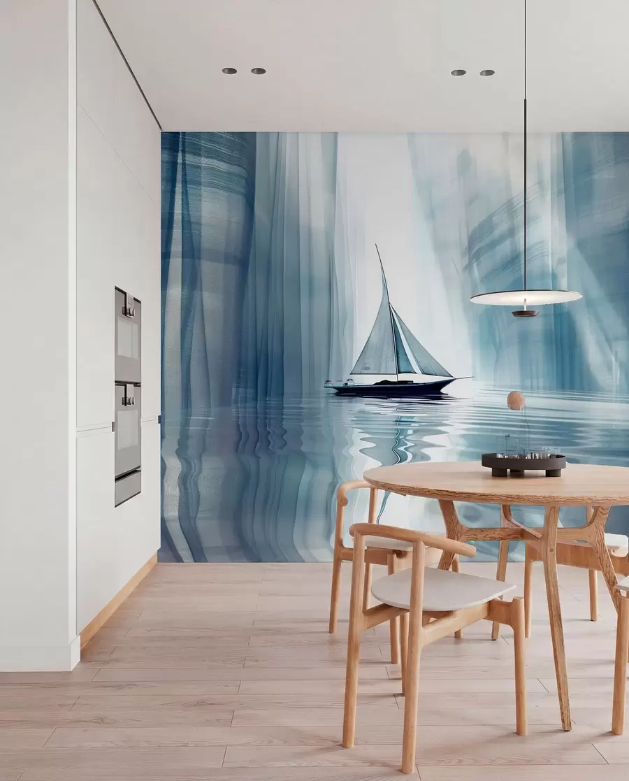 murais de parede Barco na água em estilo futurista com cores azuis w01338