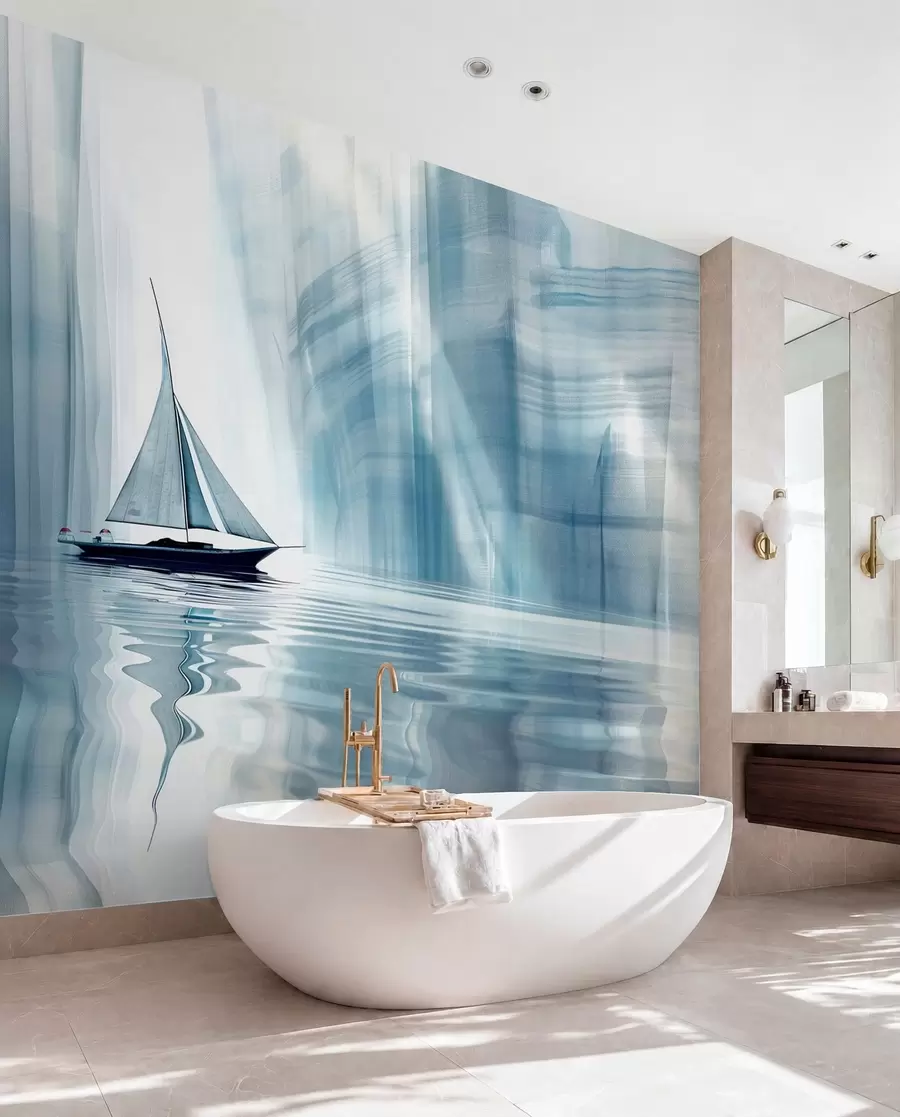 murais de parede Barco na água em estilo futurista com cores azuis w01338