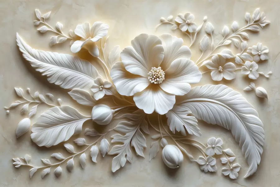 murais de parede Arte de parede em relevo 3D com penas e flores, com uma grande papoula em cores bege w01340