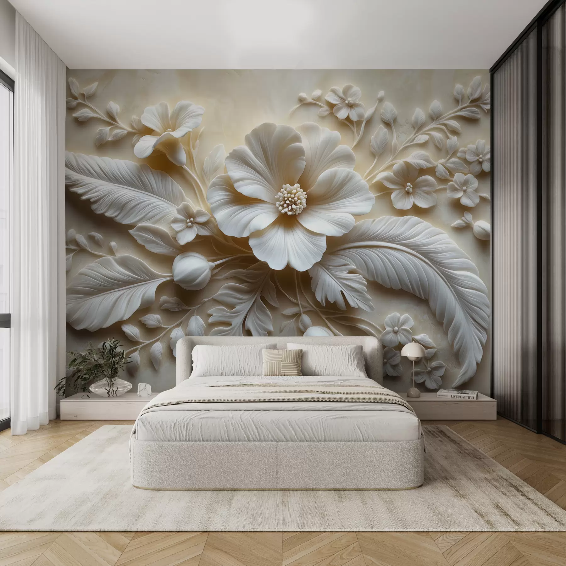 murais de parede Arte de parede em relevo 3D com penas e flores, com uma grande papoula em cores bege w01340