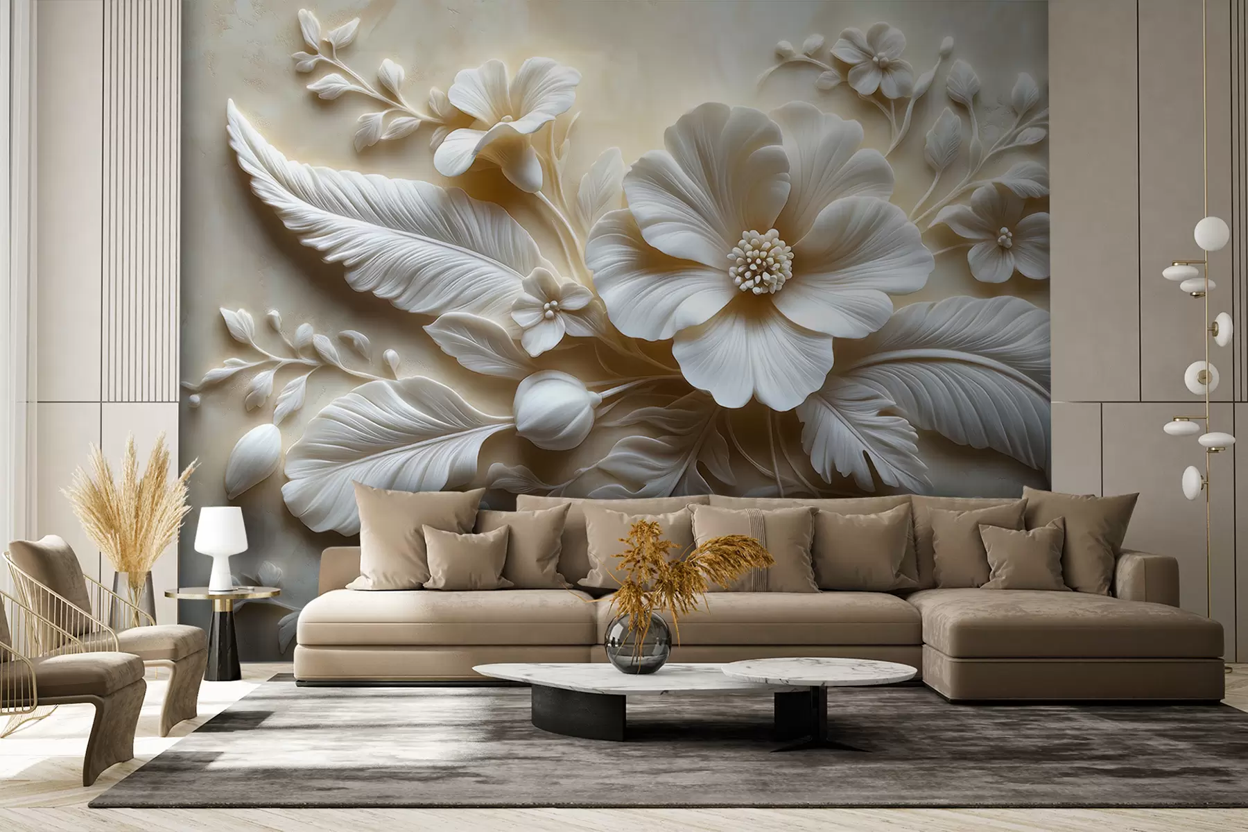 murais de parede Arte de parede em relevo 3D com penas e flores, com uma grande papoula em cores bege w01340