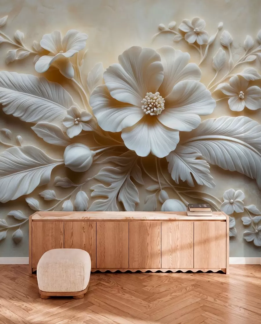 murais de parede Arte de parede em relevo 3D com penas e flores, com uma grande papoula em cores bege w01340