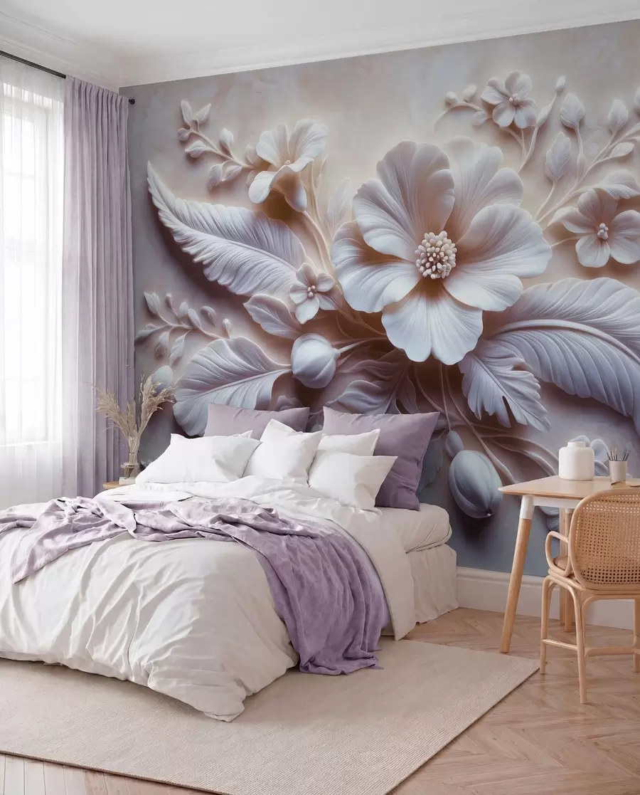 murais de parede Arte de parede em relevo 3D com penas e flores, com uma grande papoula em tons de rosa claro w01340v1