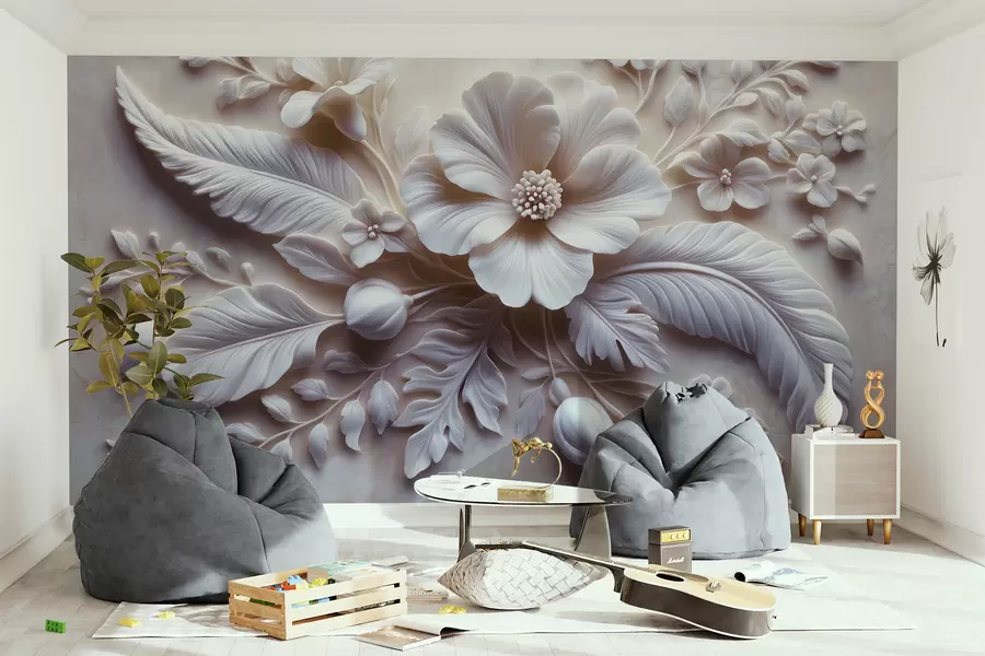 murais de parede Arte de parede em relevo 3D com penas e flores, com uma grande papoula em tons de rosa claro w01340v1