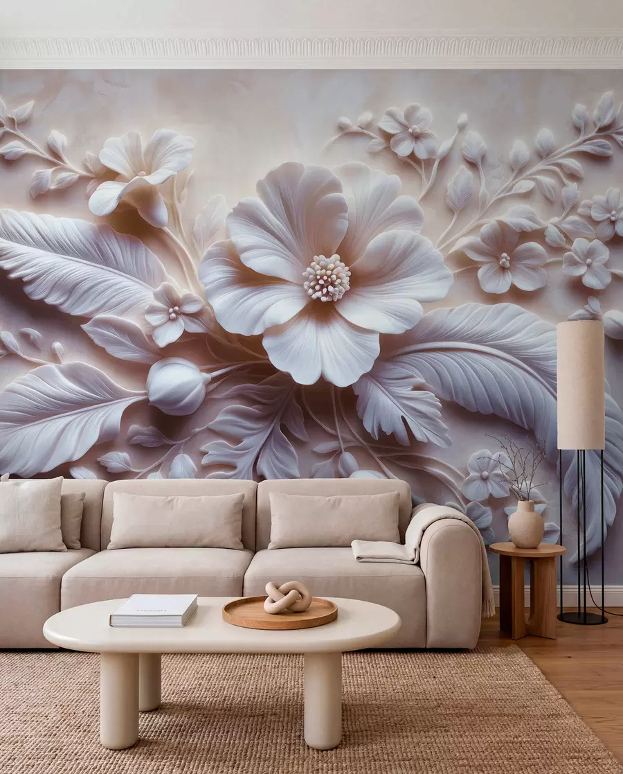 murais de parede Arte de parede em relevo 3D com penas e flores, com uma grande papoula em tons de rosa claro w01340v1
