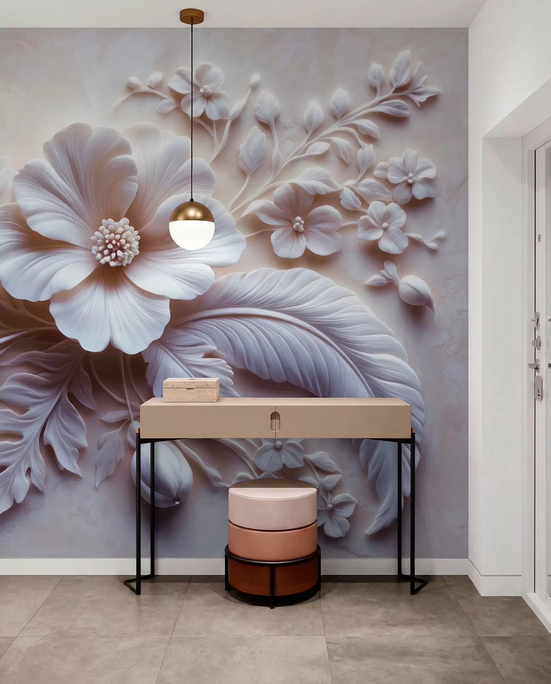 murais de parede Arte de parede em relevo 3D com penas e flores, com uma grande papoula em tons de rosa claro w01340v1