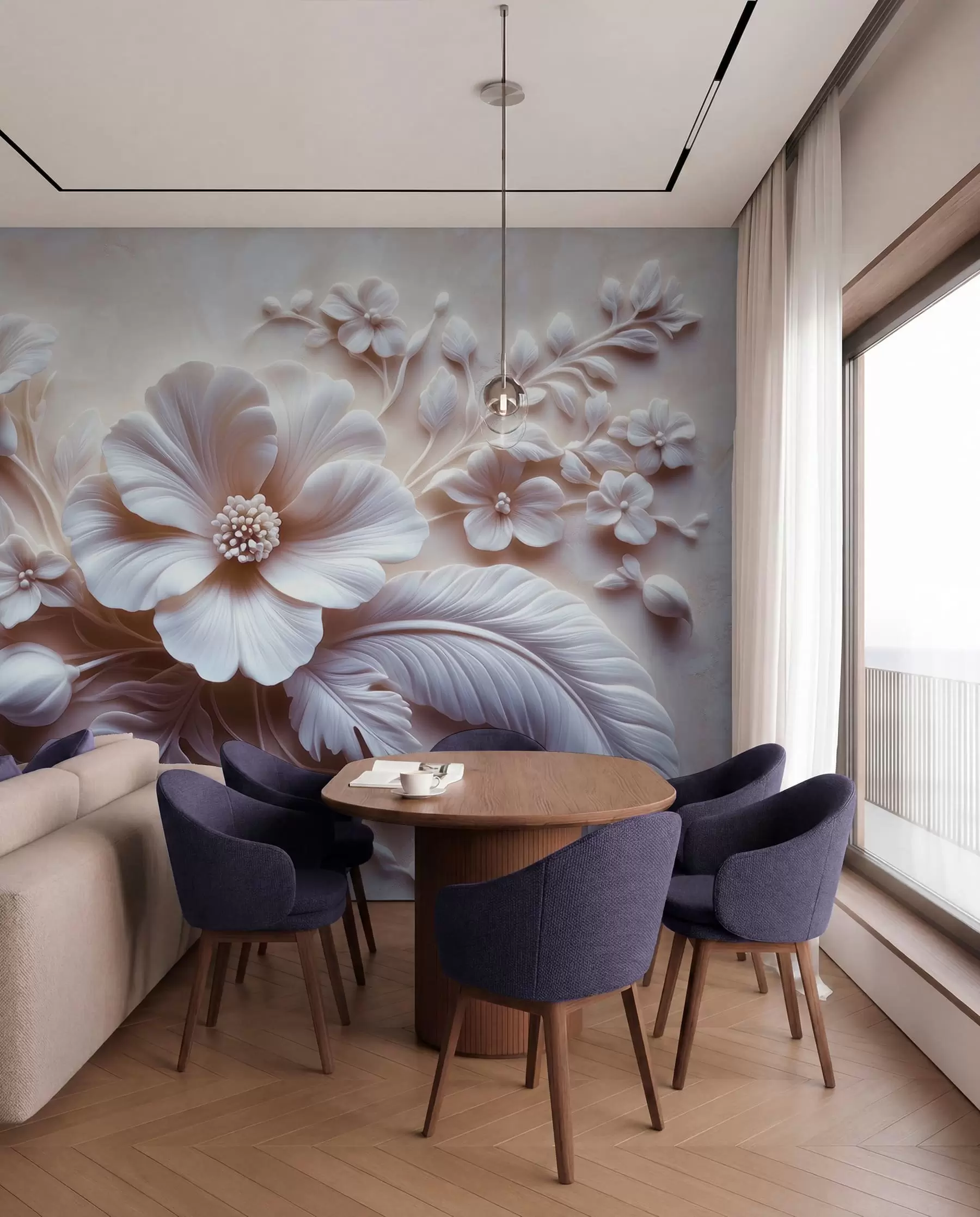 murais de parede Arte de parede em relevo 3D com penas e flores, com uma grande papoula em tons de rosa claro w01340v1