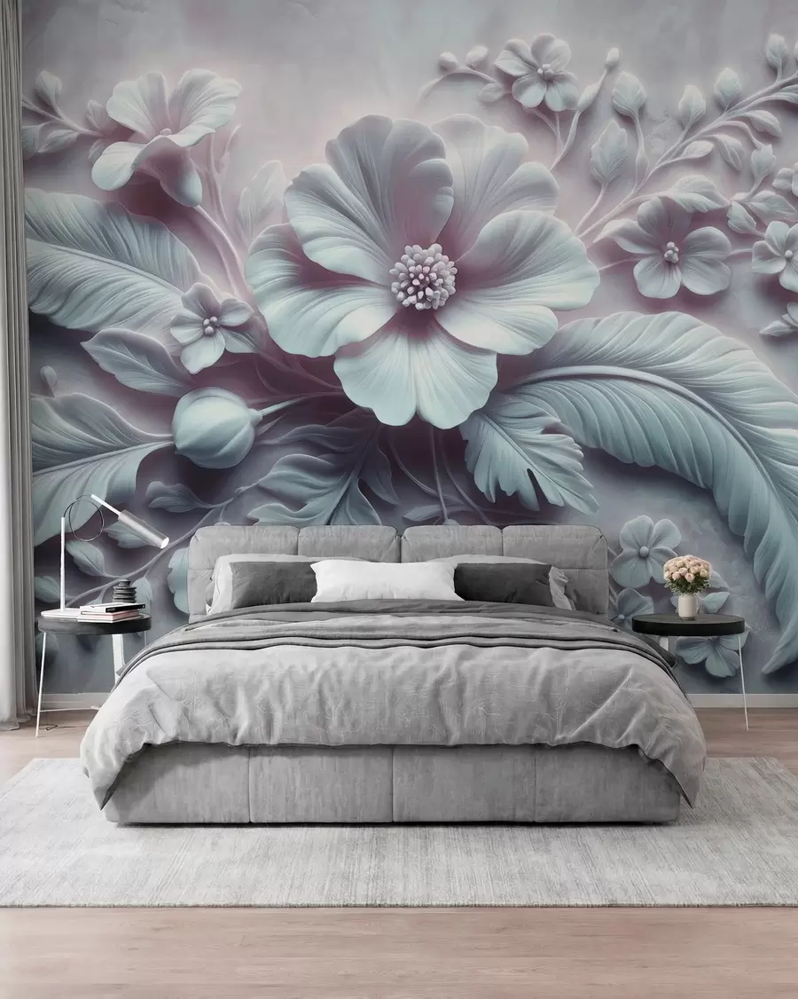 murais de parede Arte de parede em relevo 3D com penas e flores, com uma grande papoula em cores azul claro w01340v2
