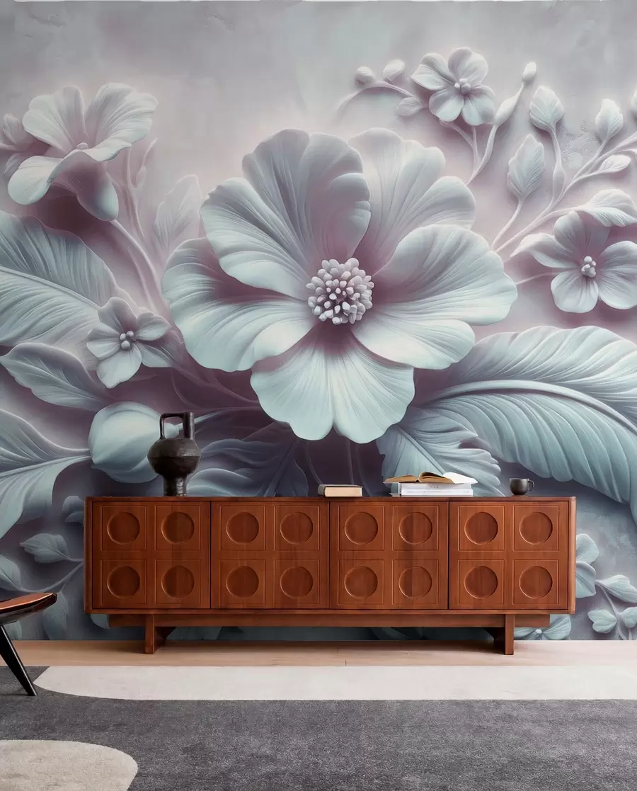 murais de parede Arte de parede em relevo 3D com penas e flores, com uma grande papoula em cores azul claro w01340v2