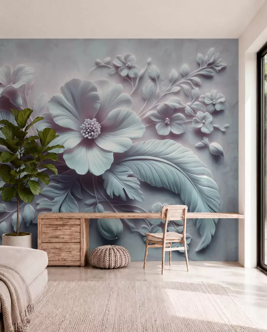murais de parede Arte de parede em relevo 3D com penas e flores, com uma grande papoula em cores azul claro w01340v2
