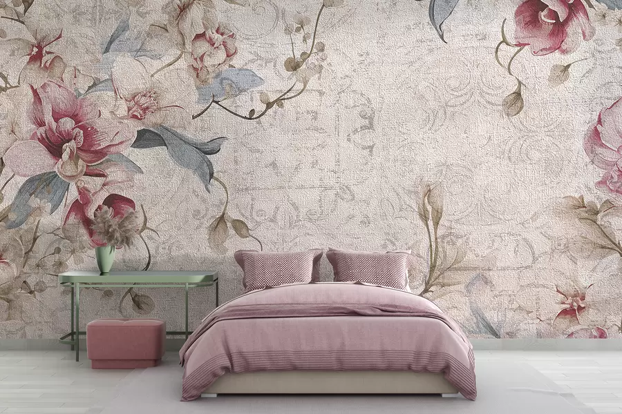 murais de parede Um padrão floral vintage com delicadas flores rosas e brancas, folhas em um fundo bege claro w08149
