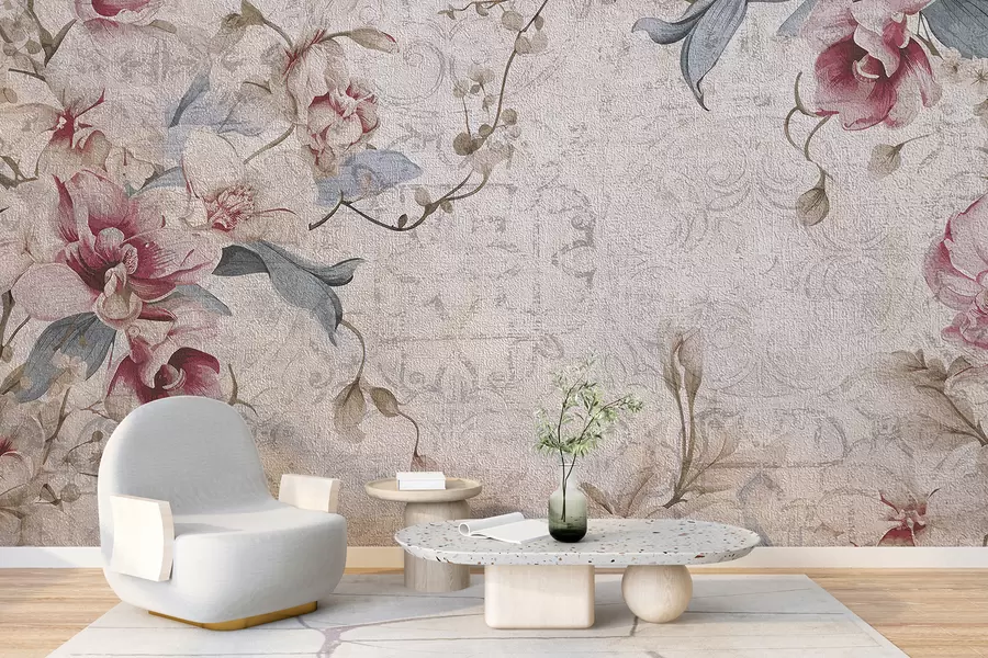 murais de parede Um padrão floral vintage com delicadas flores rosas e brancas, folhas em um fundo bege claro w08149