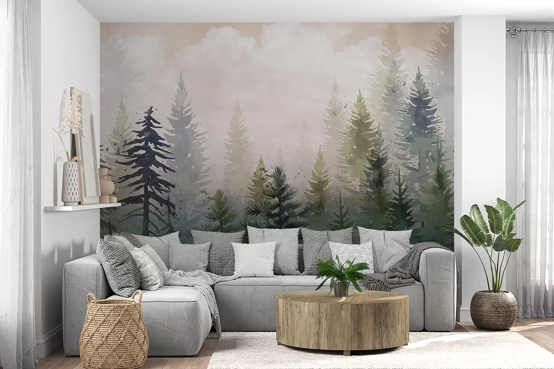 murais de parede Floresta de altos pinheiros perenes em um ambiente nebuloso e cheio de nuvens suaves e nebulosas w08160