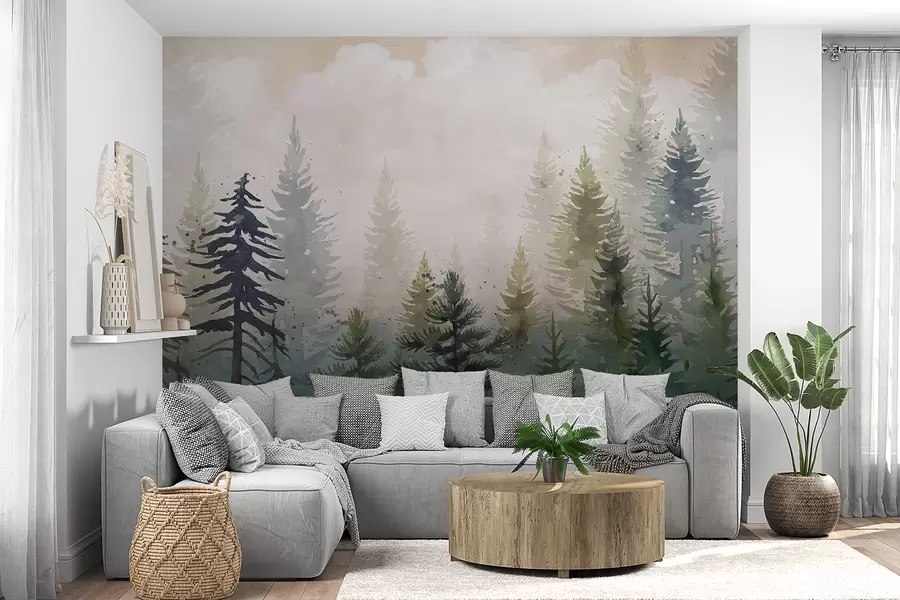 murais de parede Floresta de altos pinheiros perenes em um ambiente nebuloso e cheio de nuvens suaves e nebulosas w08160