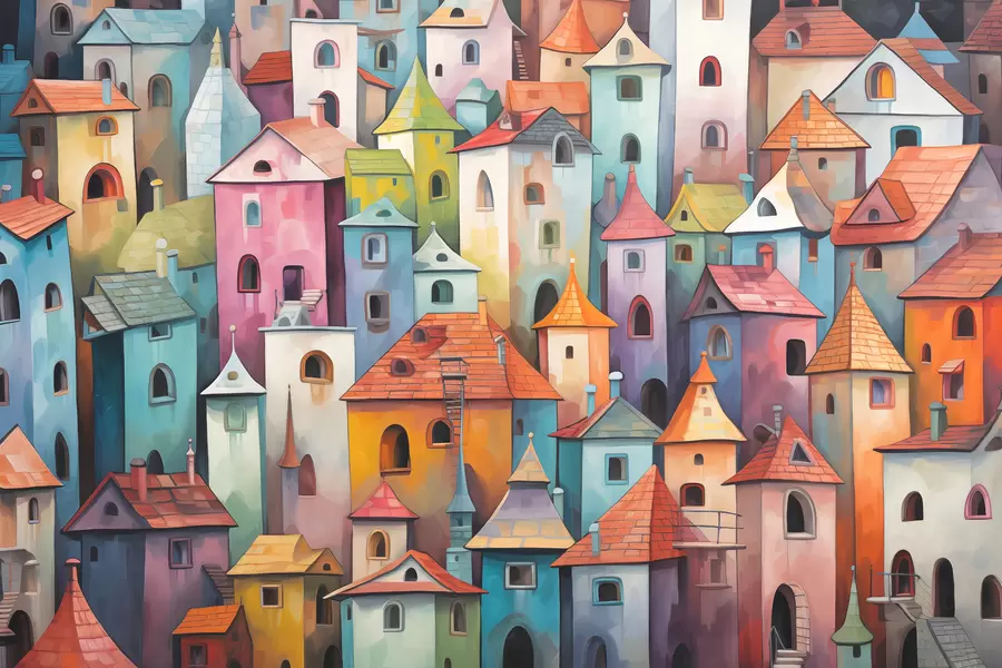 murais de parede Casas coloridas brilhantes imitando pintura com pinceladas w00946