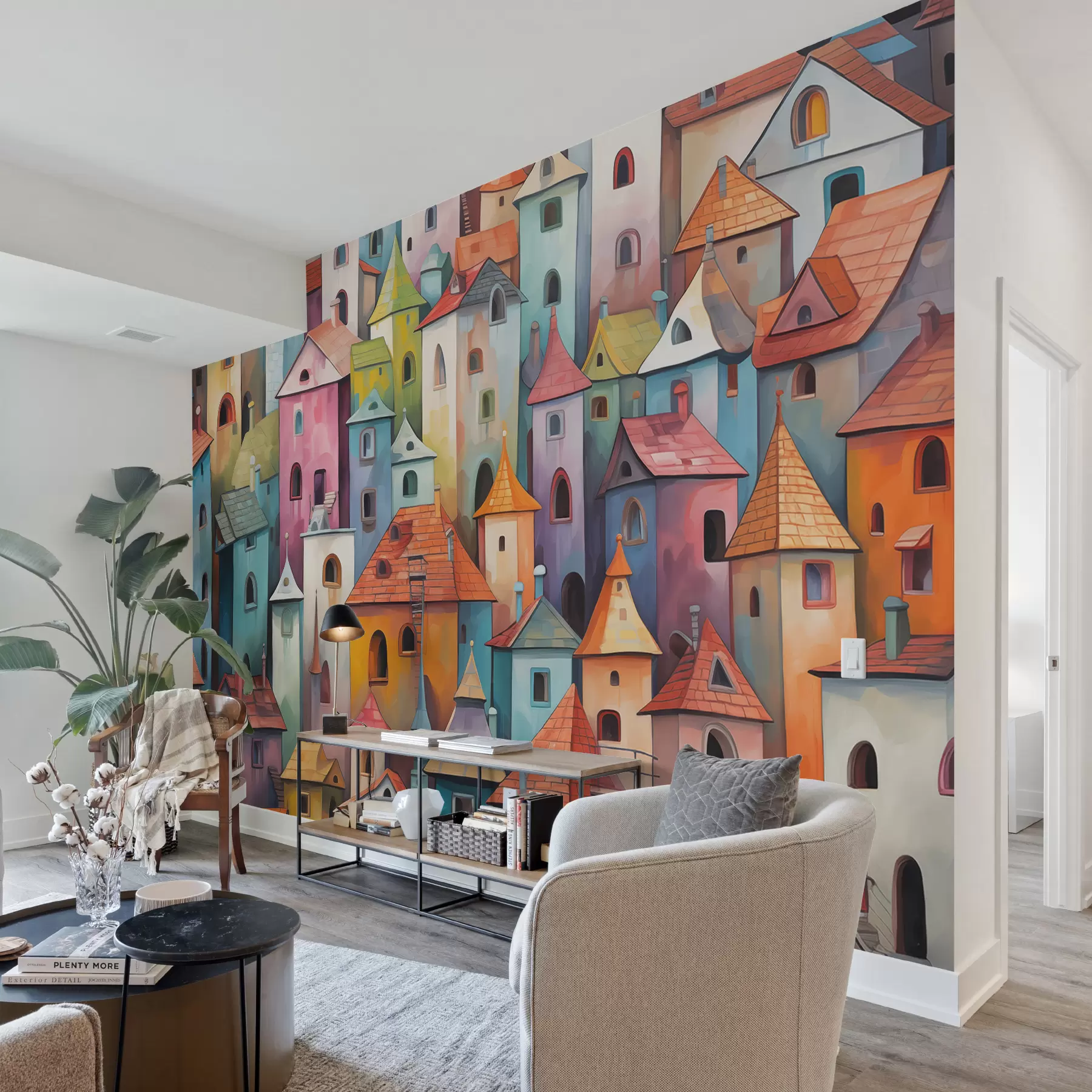 murais de parede Casas coloridas brilhantes imitando pintura com pinceladas w00946